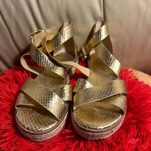 MICHAEL KORS gold reptile embossed espadrille sandals w/ gold logo hardware